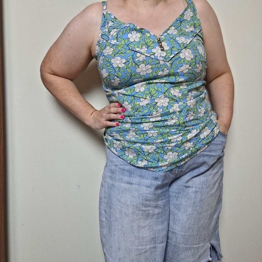Cabi Vine Aqua Blue and White Floral Cottonwood Cami Top Size Small